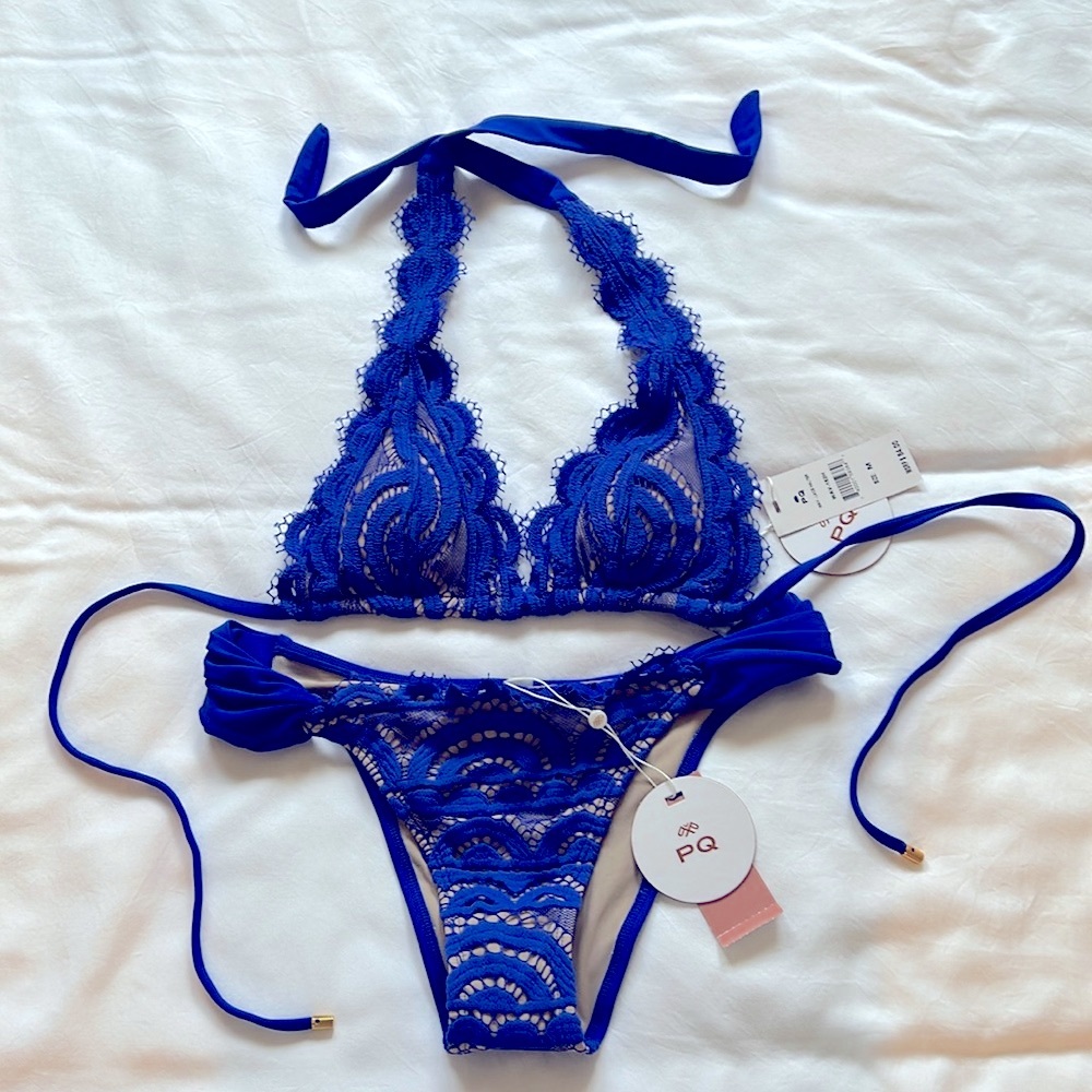 PQ Blue Waverly Lace Bikini Top Halter & Bottoms (Set)